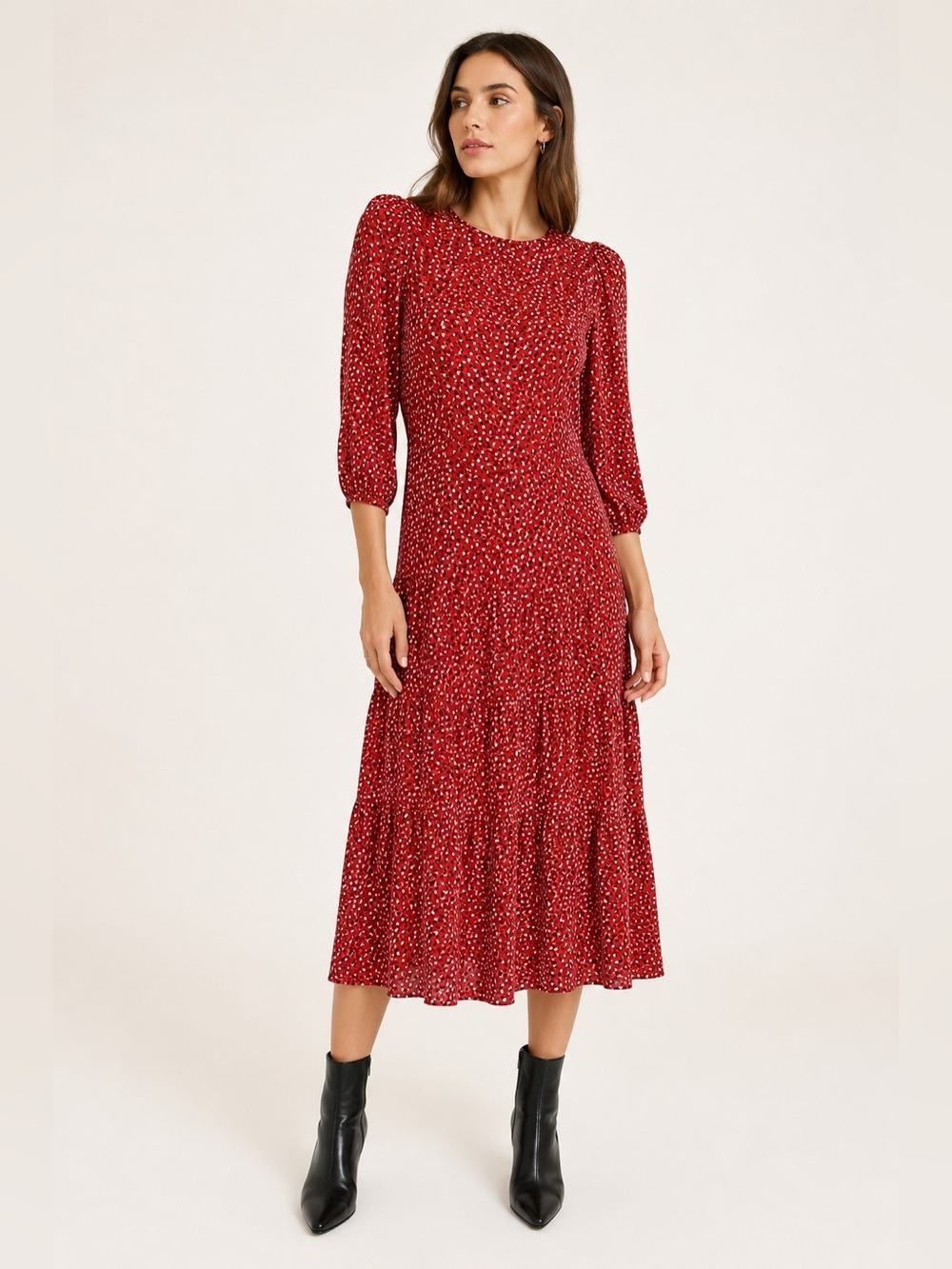 Womens Zara Tiered 3/4 Sleeve Shift Dress In Red. Size S